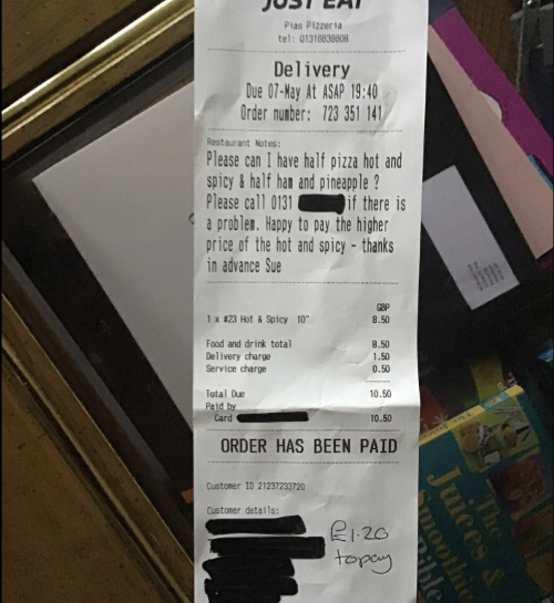 Picture of a receipt from a restaurant.