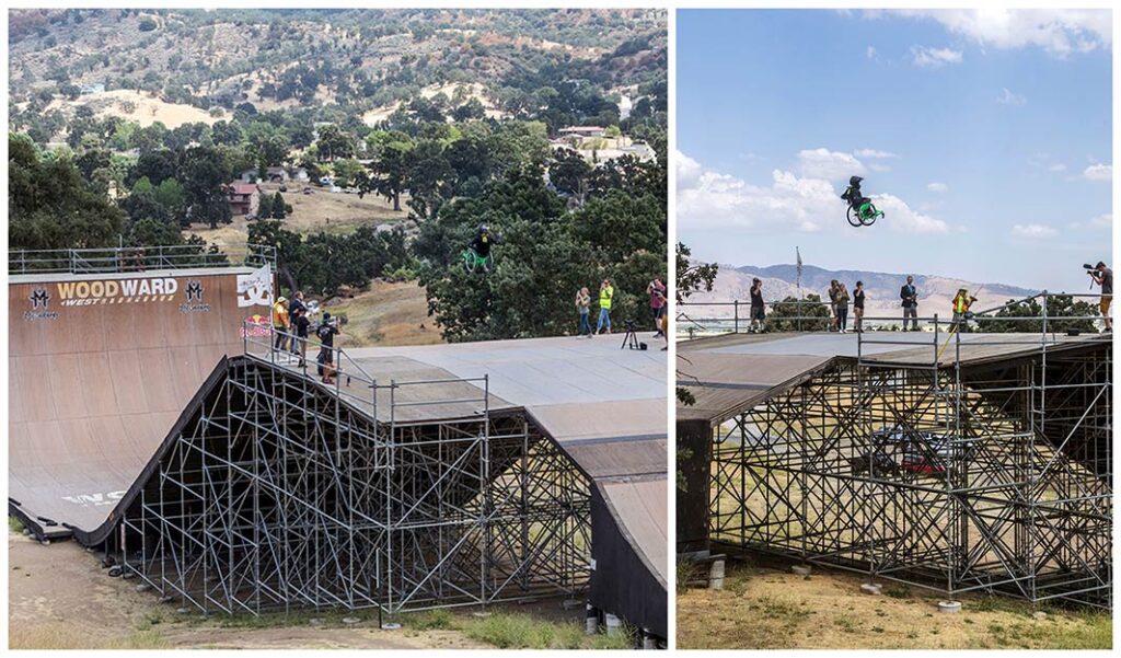 Two pictures of a big ramp next to a Picture of Aaron Fotheringham jumping the ramp that is almost the same length of a tennis court in his wheelchair