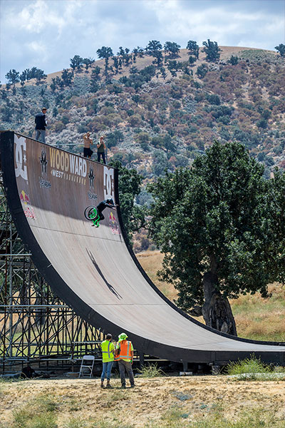 Picture of Aaron Fotheringham going back down the big ramp in his wheelchair 