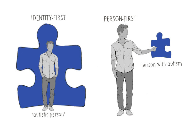 Two Illustrations: For people who prefer identity-first language, the choice is about empowerment. It says that autism isn’t something to be ashamed of. (Illustration by Lia Petronio/Northeastern University)For people who prefer person-first language, the choice recognizes that a human is first and foremost a person: They have a disorder, but that disorder doesn’t define them. (Illustration by Lia Petronio/Northeastern University)