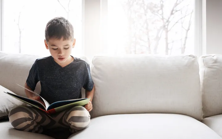 Picture of a young boy on a couch reading a book.