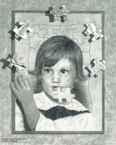 Picture of a puzzle being put together by the little girl inside the puzzle made by Sarah Vaugh.