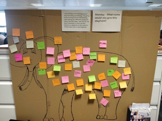 Picture of an elephant drawing with a bunch of sticky notes on it.