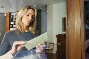 Picture of a woman opening a letter.