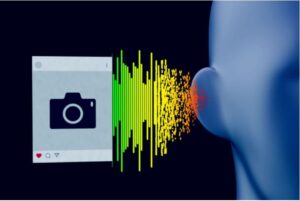 Illustration of a graphical representation of a camera icon being converted into a soundwave and reaching a graphical representation of a persons ear.