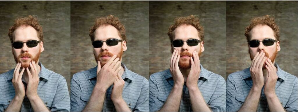 Four photographs of author Matthew Shifrin, arranged in a row, show him touching different parts of his face with his hands.