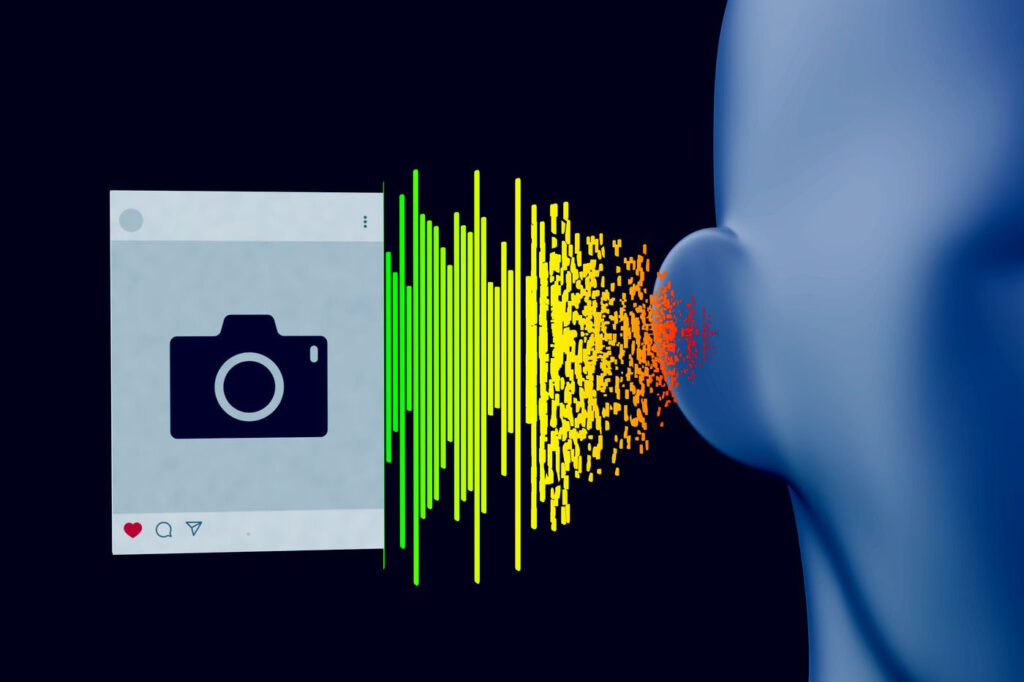 Illustration of a graphical representation of a camera icon being converted into a soundwave and reaching a graphical representation of a persons ear.