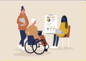 Animated photo of an older man in a wheelchair talking to 2 women who have a board with a graph on it.