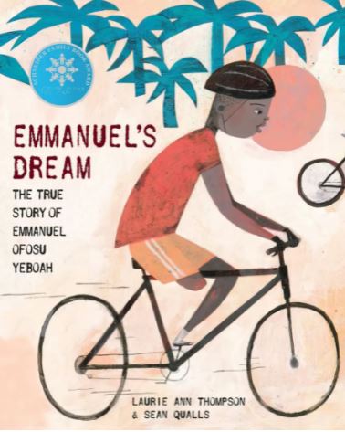 book cover from the book named "Emmanuel's Dream" written by Laurie Ann Thompson and Sean Qualls.