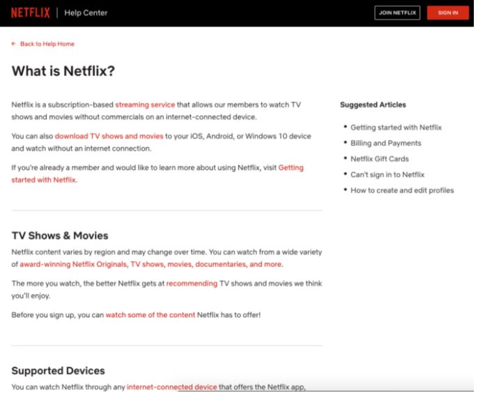 Picture of the Netflix help center webpage.