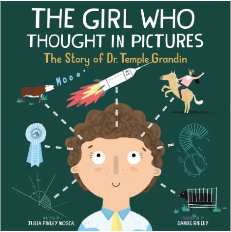 Book cover from the book named "The girl who thought in pictures" written by Julia Finely Mosca.