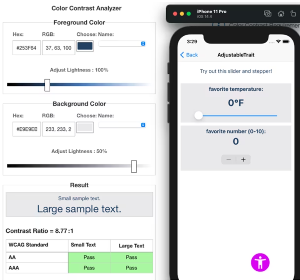 Picture of a color contrast analyzer app.