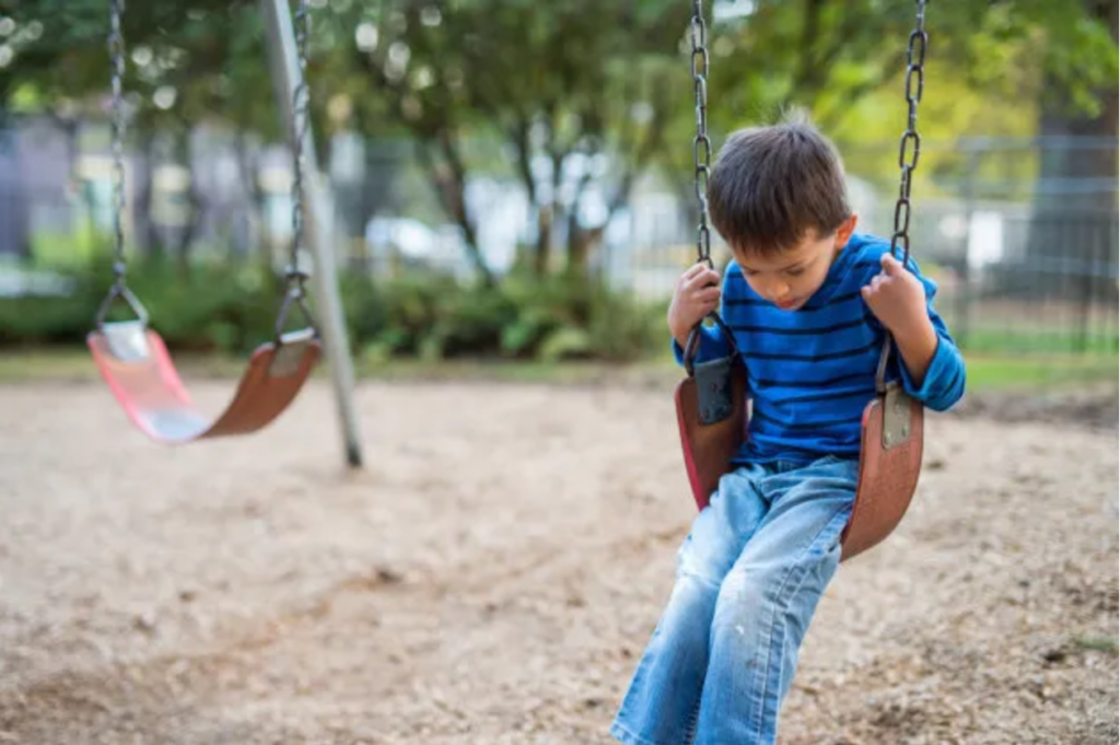 Picture of a little boy on a swing set.