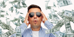 Close up picture of a surprised middle-aged latin man with sunglasses, surrounded by heaps of $100 bills.