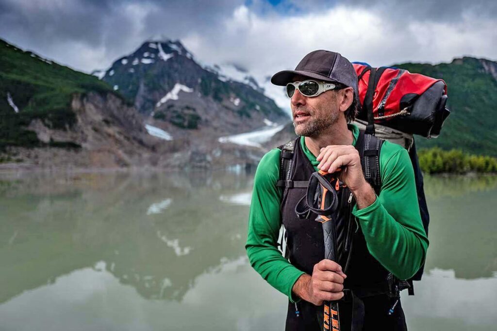 Erik Weihenmayer at Le Blondeau Glacier, near Alaska’s southeast coast, the start of his rafting expedition.  National Geographic for Disney+/Oliver Richards