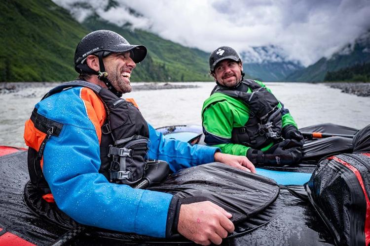 Weihenmayer and his friend Harlan Taney after a successful descent of rapids on the Tsirku River in Alaska.  National Geographic for Disney+/Oliver Richards