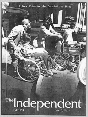 Cover of Independent Living Magazine old issue in Black and White with people in wheelchairs conversing
