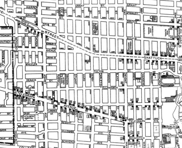 Berkeley’s Wheelchair Route, drafted by Ruth Grimes. Dots indicate the location of 125 new curb cuts. Map from City of Berkeley, Resolution No. 45,605-N.S. c/o Bess Williamson