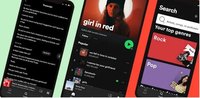 A banner showing three Spotify screenshots with an example of a transcript on the left.