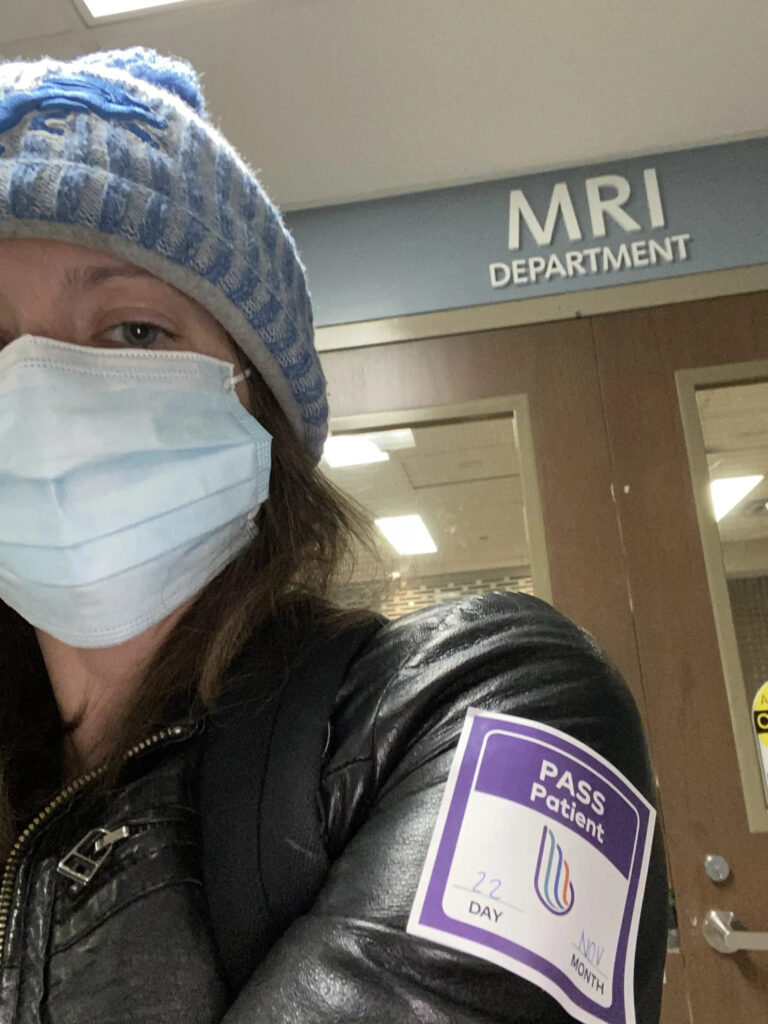 Brooke Robinson, pictured at Toronto’s St.Michael’s Hospital in November 2016, for an annual MRI to check for disease progression. (SUPPLIED)