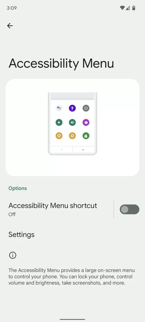 Screenshot of accessibility menu settings.