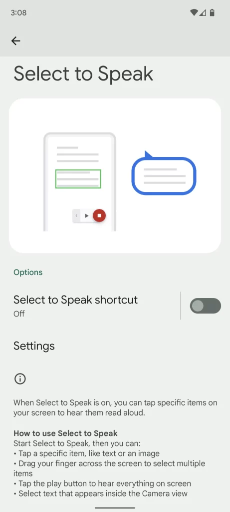 Screenshot of select to speak settings.