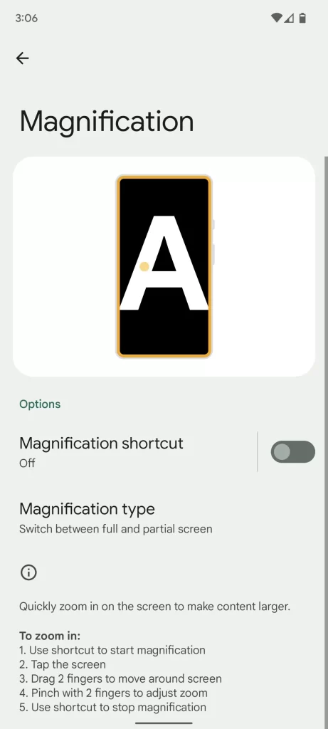 Screenshot of the Android magnification settings.