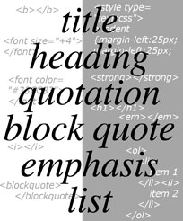 black and white image covered with text that says "title, heading, quotation, block quote. emphasis, list".