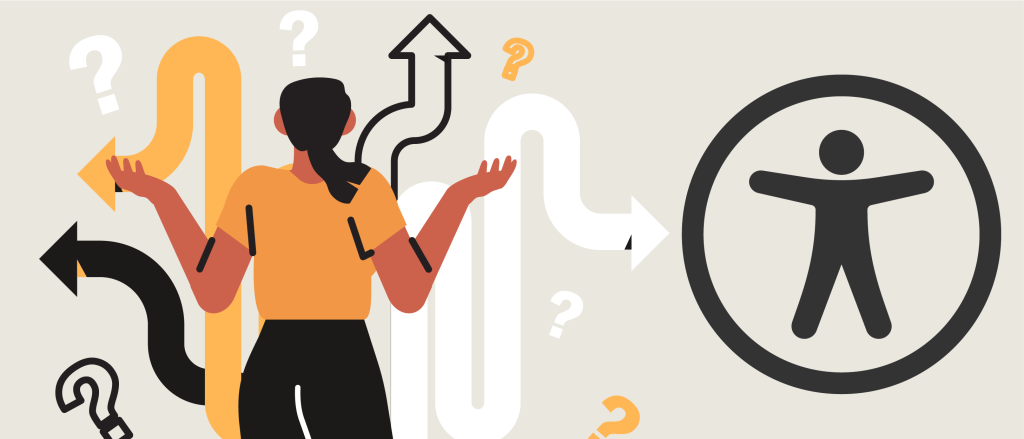 Animated image full of a woman surrounded by arrows and question marks.