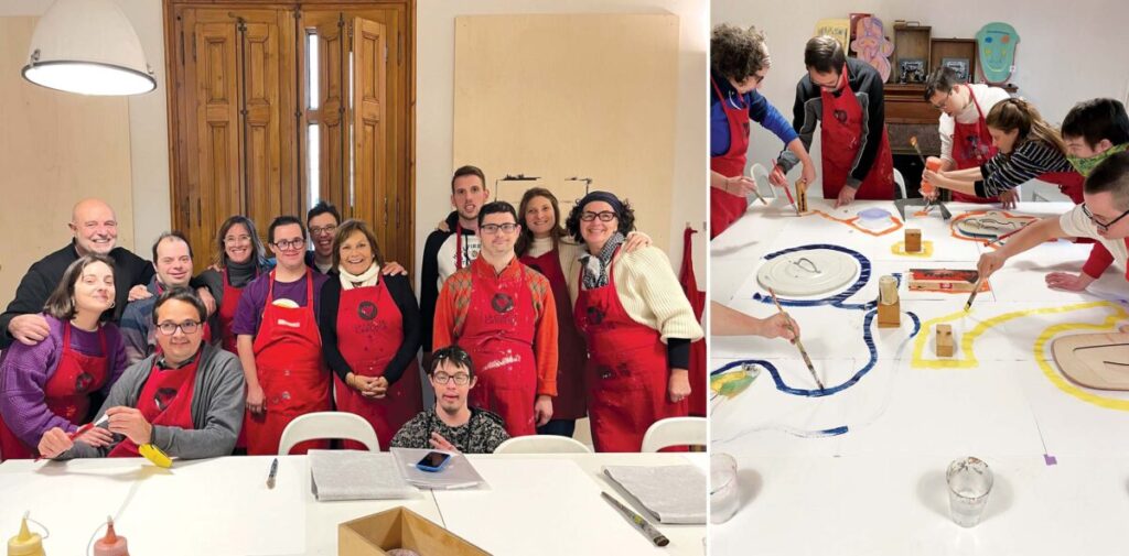 Pictured left is a photograph of the team members from La Casa de Carlota, Barcelona, who created the illustrations for this story. Most are wearing red painting aprons. The photograph on the right shows team members working around a table with paints and brushes. They’re creating bright whimsical shapes that will be digitally layered to create collage illustrations that depict hands, eyes, wheelchairs, and abstract shapes.
