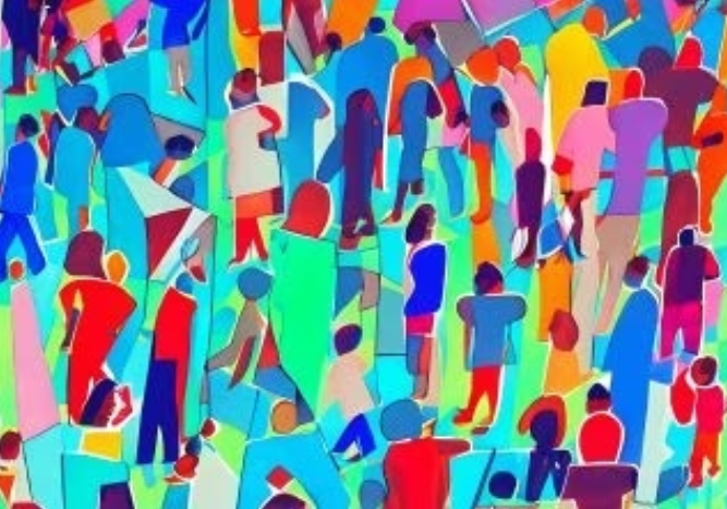 A multicolored abstract illustration shows a busy crowd of people standing, chatting, and walking past each other.