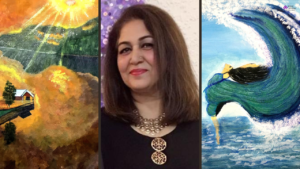 A portrait of Praveen Khetarpal is displayed between two of her paintings. The painting on the left is a small house in the prairies. The painting on the right shows a woman dancing in water.